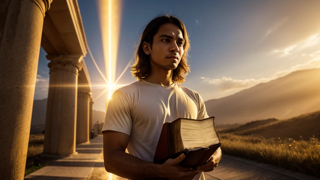A central person, with a worried expression, holding a Bible. A beam of golden light descends from the sky, illuminating the person, symbolizing divine intervention. In the background, a golden path stretching to the horizon