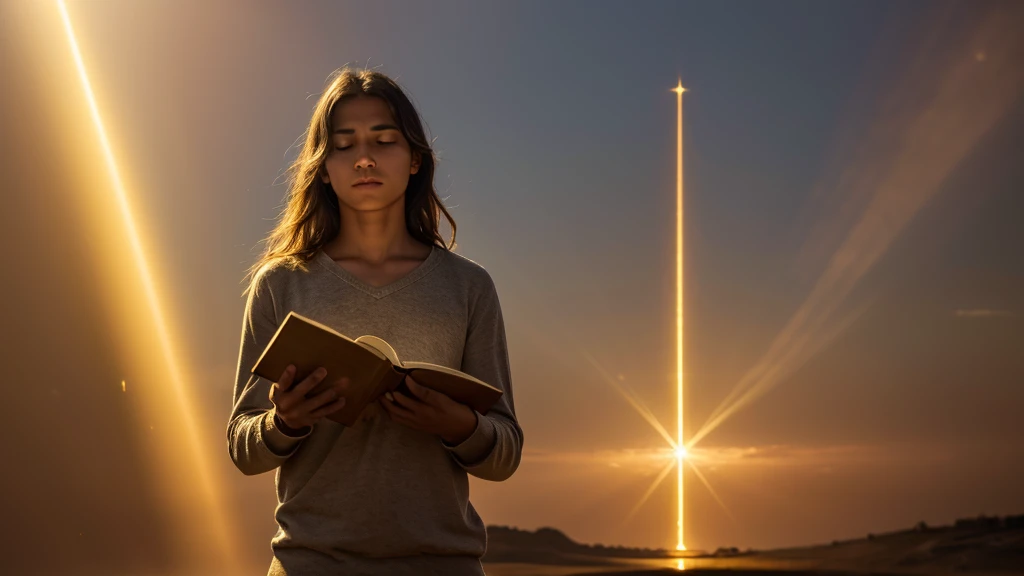 A central person, with a worried expression, holding a Bible. A beam of golden light descends from the sky, illuminating the person, symbolizing divine intervention. In the background, a golden path stretching to the horizon