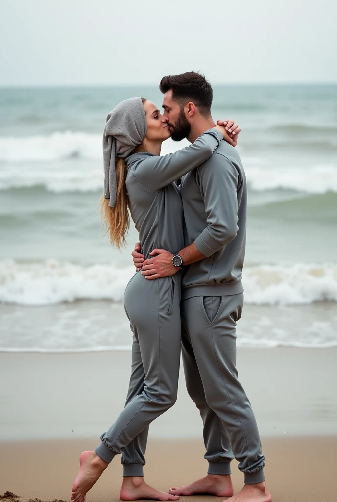 With headscarf, barefoot, Woman in grey tracksuit kissing her boyfriend on the beach