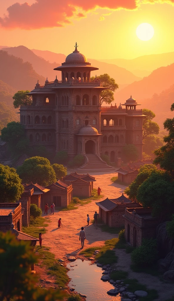 In cinematics 3D cartoon style " An aerial view of a small, serene Indian village at dusk, with the sun setting behind distant hills, and the old, rustic haveli (mansion) standing prominently in the center"