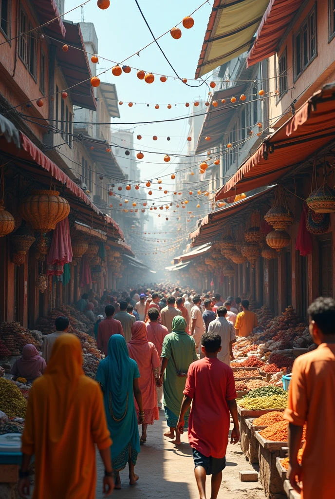 Generate an image with mumbai city people hustling on local street market