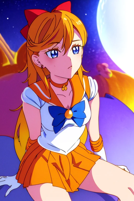 masterpiece, best quality, highres, venus1, 1girl, solo, sailor senshi uniform, sailor venus, aino minako, blonde hair, magical girl, blue eyes, orange skirt, elbow gloves, tiara, pleated skirt, hair bow, orange sailor collar, miniskirt, choker, red bow, orange choker, white gloves, very long hair,  jewelry,  earrings, sitting, crossed legs,