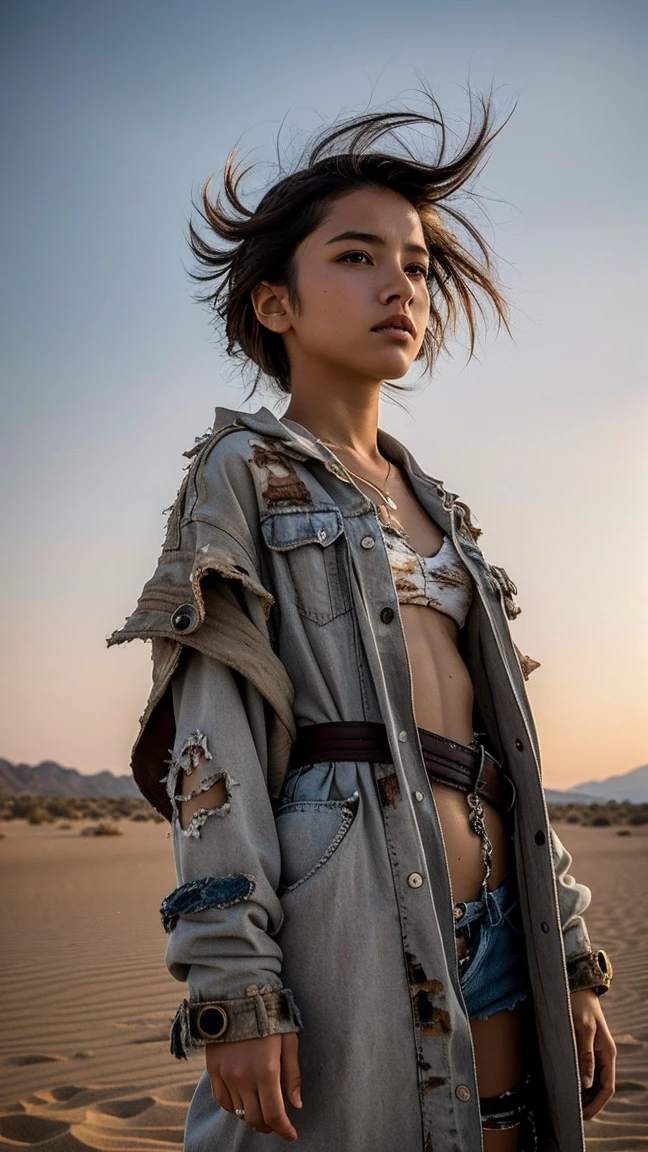 masterpiece, Transition to a desert landscape at sunset, a lonely figure, A beautiful 13-year-old American teenager emerges wearing beautiful post-apocalyptic nomadic clothes., White skin, by rubio, gray blue eyes, Freckles in the face, slim body for running, small breasts, Very detailed face, ultra realistic face, very beautiful face, clean but tired face, post-apocalyptic clothing. Layers of tattered fabric, unconventional accessories, and a worn appearance create an aura of survival and resistance., 16k, ultra high resolution.photorealistic, HD, raw, DSLR