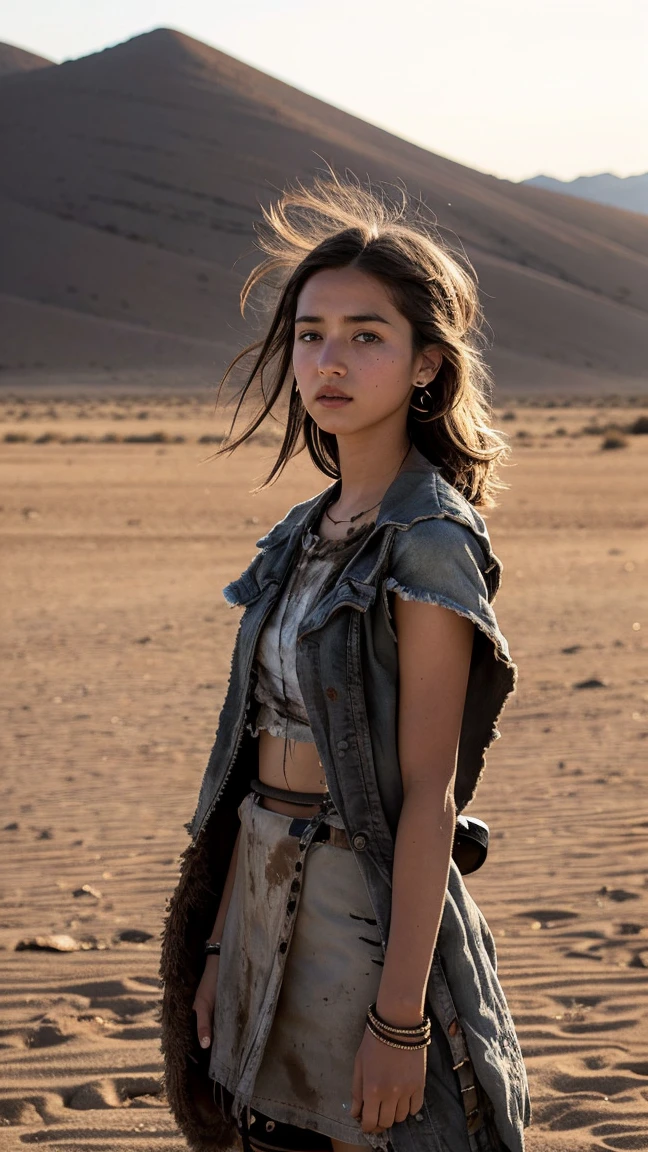 masterpiece, Transition to a desert landscape at sunset, a lonely figure, A beautiful 13-year-old American teenager emerges wearing beautiful post-apocalyptic nomadic clothes., White skin, by rubio, gray blue eyes, Freckles in the face, slim body for running, small breasts, Very detailed face, ultra realistic face, very beautiful face, clean but tired face, post-apocalyptic clothing. Layers of tattered fabric, unconventional accessories, and a worn appearance create an aura of survival and resistance., 16k, ultra high resolution.photorealistic, HD, raw, DSLR