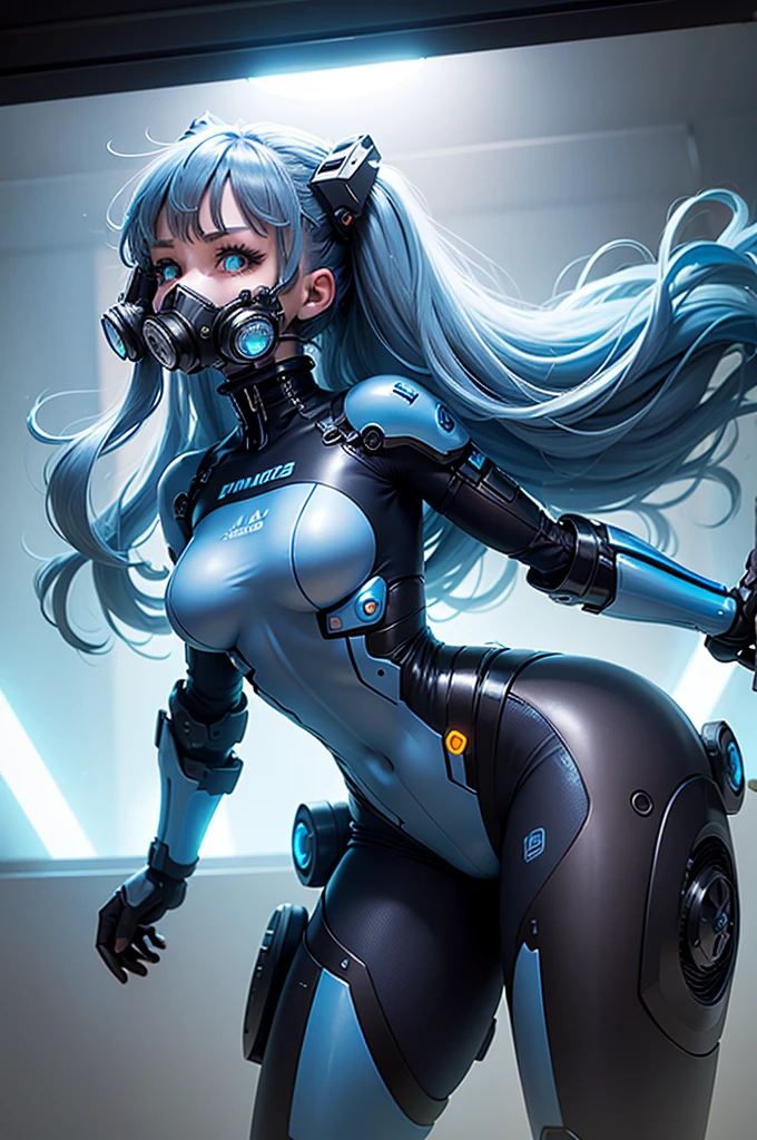 View from below angle from below girl mecha half cyborg, with long blue hair, with blue eyes, with a gas mask on his face, cybernetic suit blue, costume parts with blue lights and LEDs, a multitude of glowing blue lights, hands prosthetics, gorgeous figure, She is wearing short sports shorts that highlight her large wide hips., small breasts but they are covered by a mechanical suit, flat horizon photo, the background of the image contains a lot of blue lights and glare, and also blue fog and smoke