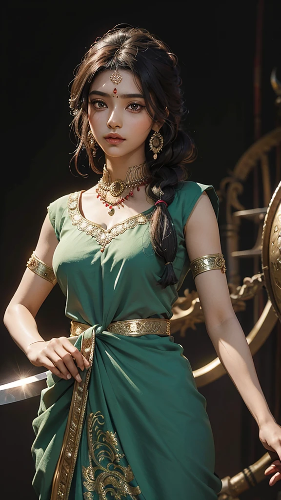 An indian women in ancient war saree dress,hair are knotted beautifully,eyes are dark and big,forhead is coloured as red and one bindi is there.Holding Sword in ine hand and shield in one hand