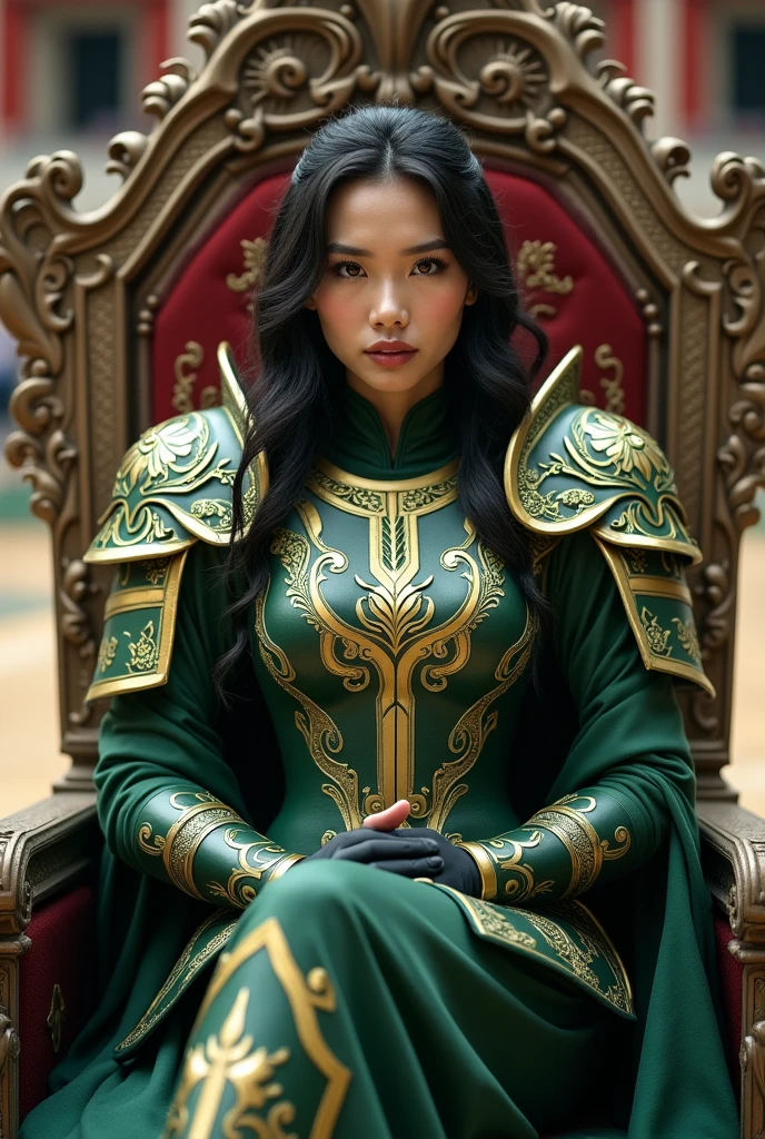 A photograph of a regal, armored Thai-Canadian woman sitting confidently on a majestic throne. The woman was wearing green armor, intricate yellow and white with sharp design, angle, girl and her beautiful face, just making his intense eyes visible. The pose is relaxed yet commanding., with legs crossed and hands clasped. The throne behind him is beautifully designed, displays intricate and sharp patterns, wing-like extensions that enhance its powerful and royal appearance. The background shows an ancient arena or a majestic palace setting., adds a sense of authority and grandeur.
