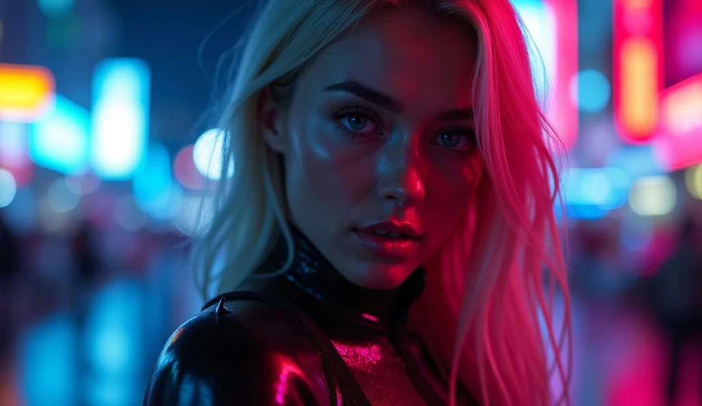 ((best quality)), ((​masterpiece)), (detailed), ((background Cyber)), wet look, ((blond long Hair)), ((Intricate detailing, in the night time, Contre-Jour, random neon color, View from afar, random pose, blue latex bodysuit, face focus, hell picture, light face, big boobs)), (face brightly lit), ((full body view)), 8k