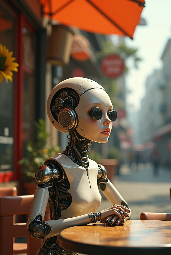 A female robot sits at a table in a street cafe, Best quality, high quality, absurdity, happiness, masterpiece, Beautiful, complex parts, 1/2 body trimmings, slender body, Beautiful figure, Magnificent Anatomy, (complex parts:1.12), HDR, (complex parts, hyperdetailing:1.15), (natural skin textures, hyperrealistic, soft light, spicy:1.2)