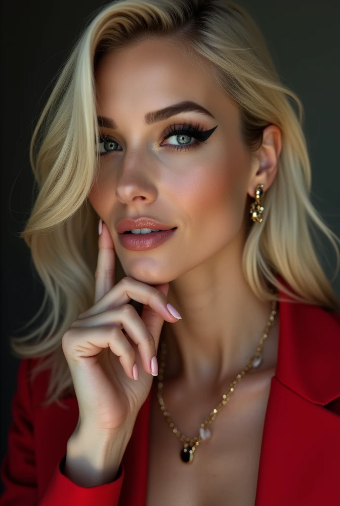 nude, hyper realistic, real photograph, hand on chin, intricate details, eight real fingers, ultra detailed face, beautiful, sexy, gorgeous, female model, sexy smile, necklace, red jacket, blonde hair, black eye shadow, ear rings, ultra realistic, ultra high detail, sharp focus, 8k,Negative prompts: deformed fingers, ugly face, long neck,
