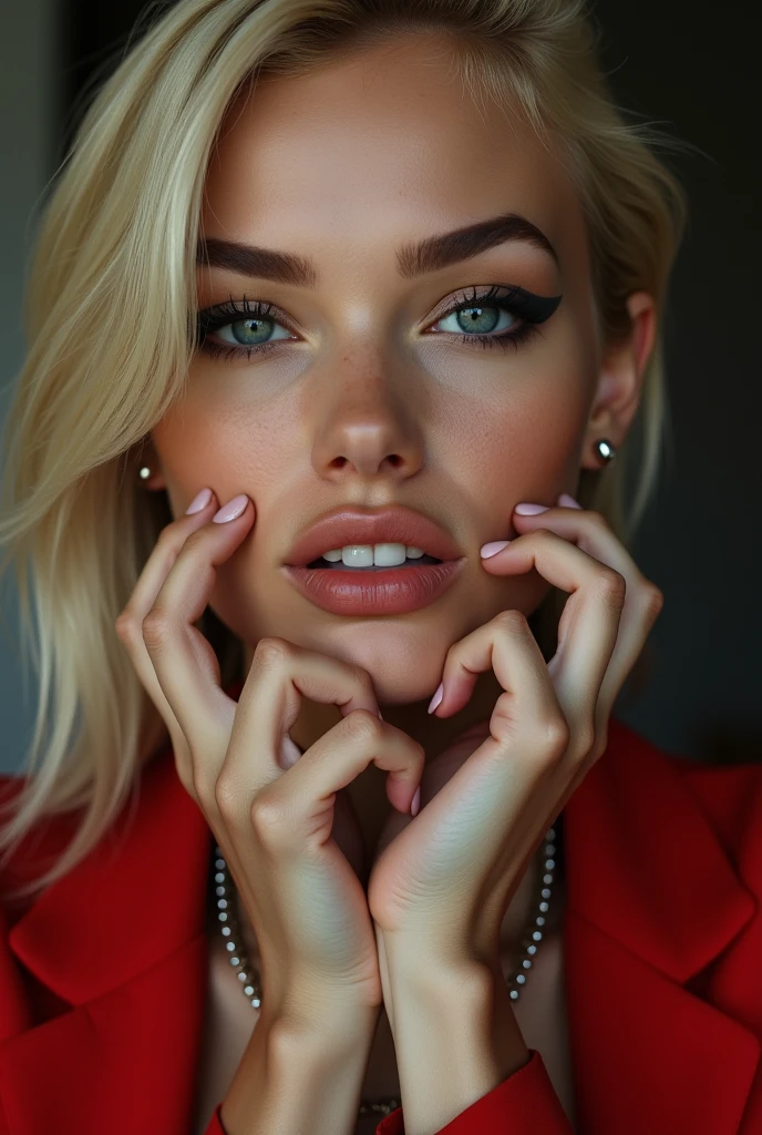 nude, hyper realistic, real photograph, hand on chin, intricate details, eight real fingers, ultra detailed face, beautiful, sexy, gorgeous, female model, sexy smile, necklace, red jacket, blonde hair, black eye shadow, ear rings, ultra realistic, ultra high detail, sharp focus, 8k,Negative prompts: deformed fingers, ugly face, long neck,