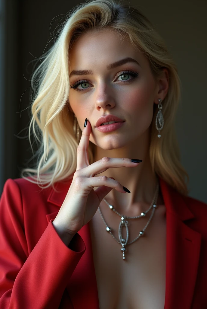 nude, hyper realistic, real photograph, hand on chin, intricate details, eight real fingers, ultra detailed face, beautiful, sexy, gorgeous, female model, sexy smile, necklace, red jacket, blonde hair, black eye shadow, ear rings, ultra realistic, ultra high detail, sharp focus, 8k,Negative prompts: deformed fingers, ugly face, long neck,

