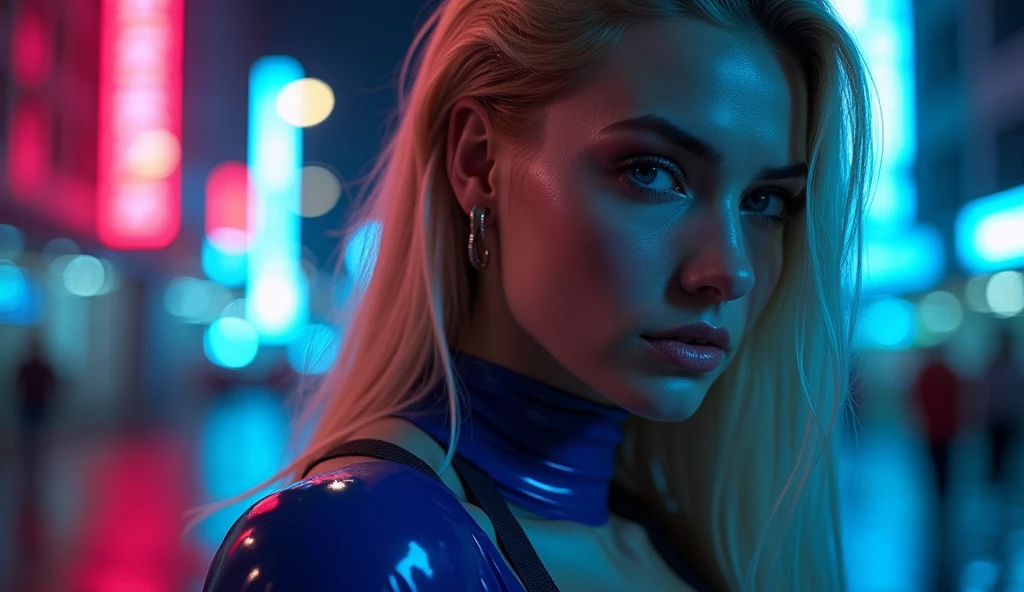 ((best quality)), ((masterpiece)), (detailed), ((background Cyber)), wet look, ((blond long Hair)), ((Intricate detailing, in the night time, Contre-Jour, random neon color, View from afar, random pose, blue latex bodysuit, face focus, hell picture, light face, big boobs)), (face brightly lit), ((full body view)), 8k