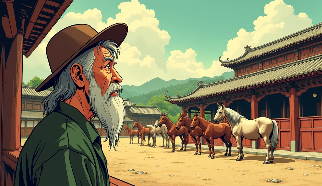 Create a dynamic and vivid comic book style illustration reminiscent of Hayao Miyazaki's distinctive style of an old Chinese farmer looking out over the stable (corral) of empty horses. Expressions of surprise should be seen on your face, next to you are the neighbors who are also surprised.
