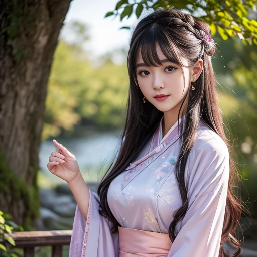 best quality, Delicate face,beautiful visual work, lifelike, eternity, black hair, Long curly hair, blunt bangs, Smile, Detailed Background, Delicate face,blush,cold,((masterpiece))、(top quality)、8k、high detail、Super detailed,31-year-old female,身穿唐制Hanfu、waist skirt, Clothes are light and fluffy,Hanfu, wide sleeves, Transparent sleeves, Long sleeve, Tunic, Clothes made of chiffon, masterpiece、born、Scenes resembling fairy tale illustrations、intricate details和複雜的設計、Beautifully、magic、capricious、 Beautifully、Dream aesthetics、「𝓡𝓸𝓶𝓪𝓷𝓽𝓲𝓬、ethereal、charming、fickle、magic」、realism、Visual effects、FXAA、SSAO、Shader、voiceless、ambient lighting、Tone mapping、High resolution、Ultra high quality、Million pixels、(8K resolution:1.10)、8k、8k以下、8K resolution、high detail、intricate details, (high quality:1.2、masterpiece:1.2、:1.21)、(31-year-old female:1.21)、(興奮地Smile)、(被dream般的氛圍所包圍、Model diagram,full-body shot,Normal 2 feet,Put your hands behind you,The protrusion of the breast is visible when wearing clothes, Large Breasts, H cup chest, antiquity, Xian Xia, gauze clothes, Soft and fluttering, Fairy, dream, fantasy, light, Elegant, nature, Immortal, romantic, classical, ribbon, light purple clothes,Behind the Forest