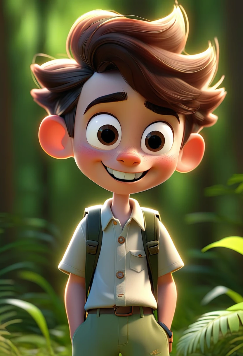 a happy and cute boy with short hair, little bit and a subtle tuft, Grinning, wearing a shirt and shorts, wearing backpack, forest background, illuminated sun, the child, 2 years, tom, Pixar-style, ..3d, Cartoon s, face detailed, asymmetric 16k