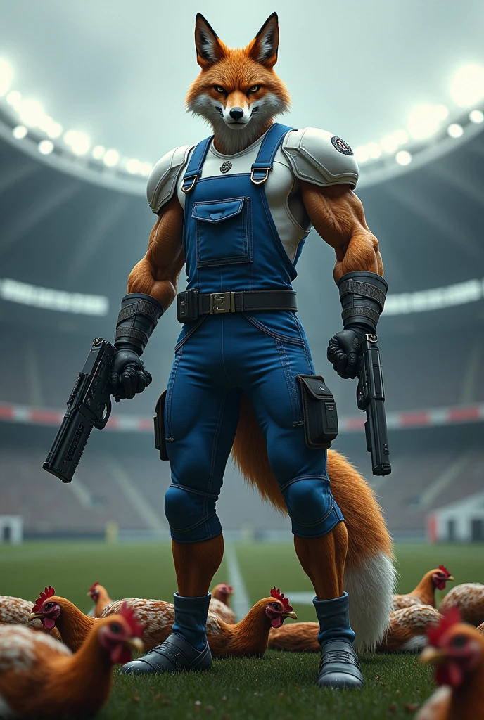 Fox with human features,strong arms ,strong legs,evil look,wearing tight blue and white overalls,With guns in hand ,and several dead chickens on the ground,in a football stadium