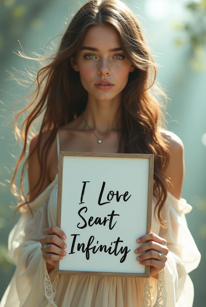 Beautiful girl with wavy long hair, bohemian dress, holding a white board with text "I Love Seaart Infinity" and showing it to the viewer