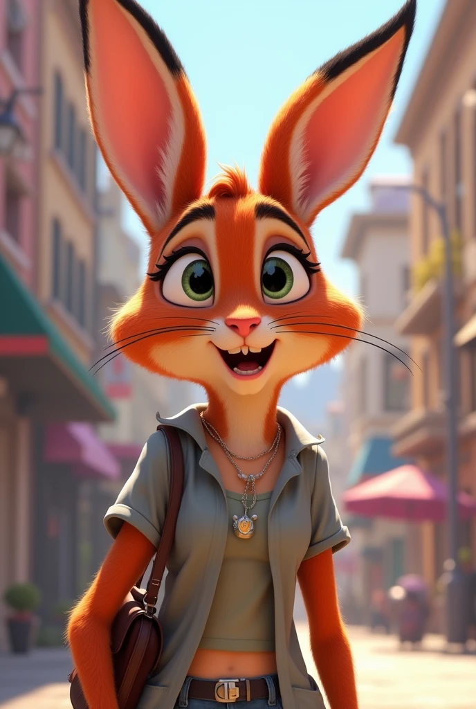 a cartoon bunny with a bag and a necklace on, lola bunny fanart, judy hopps from zootopia, pov furry art, judy hopps, female furry mini cute style, ultrarealistic sweet bunny girl, a portrait of judy hopps, in zootopia city, casually dressed, furry body, furry chest, in style of zootopia, huge tits, scared expression 