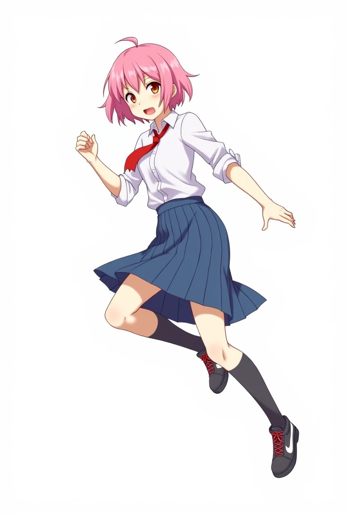 Digital illustration featuring an anime-style character in mid-air. The character has short, pink hair that appears tousled and dynamic, with a determined expression on their face. They have fair skin and are wearing a white button-up shirt with rolled-up sleeves, a red tie, and a blue pleated skirt. The character is also wearing black knee-high socks and black sneakers with red laces. The pose is dynamic, with one arm extended forward and the other bent, suggesting motion or action. The background is plain white, emphasizing the character's movement and attire.