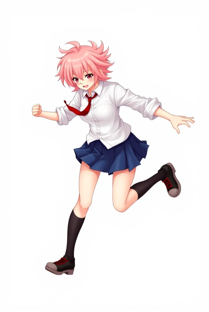 Digital illustration featuring an anime-style character in mid-air. The character has short, pink hair that appears tousled and dynamic, with a determined expression on their face. They have fair skin and are wearing a white button-up shirt with rolled-up sleeves, a red tie, and a blue pleated skirt. The character is also wearing black knee-high socks and black sneakers with red laces. The pose is dynamic, with one arm extended forward and the other bent, suggesting motion or action. The background is plain white, emphasizing the character's movement and attire.