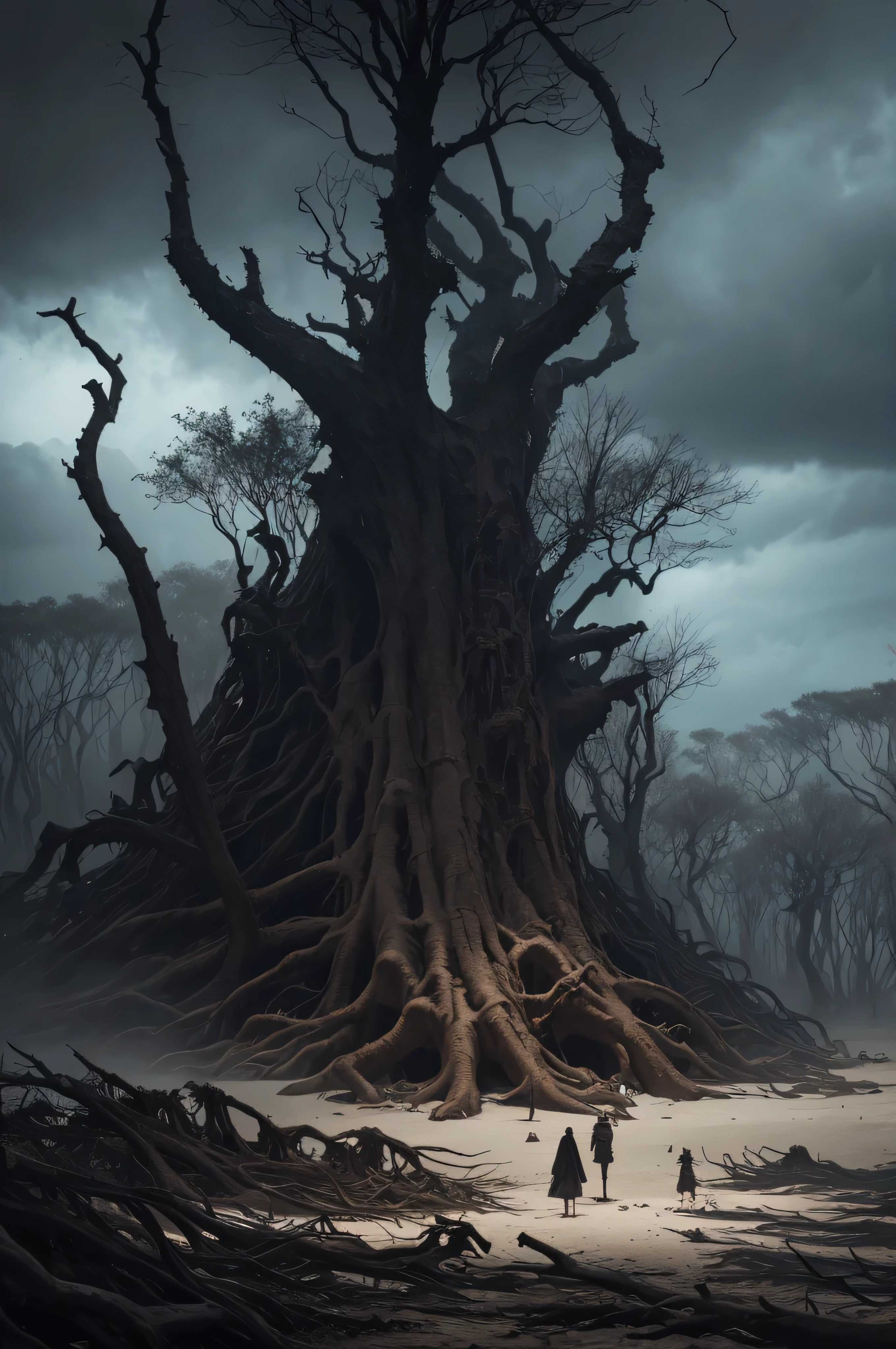 "A desert island surrounded by dense forest, with gnarled trees and dry leaves, where members of an isolated, cannibalistic tribe stay near a beach. His features are dark and frightening, with threatening paintings. Remains of victims scattered on the ground give a morbid touch to the scene. The dark and stormy sky contributes to a creepy and somber atmosphere..