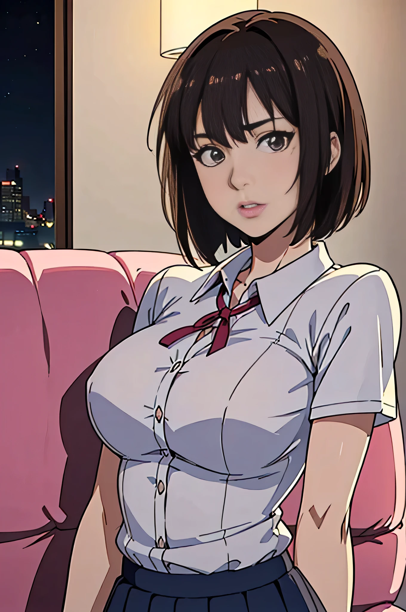 photo of mlp Meowko, RAW, beautiful woman, ((portrait)), ((detailed face:1.2)), ((anime face, anime facial feature, clear skin, glossy anime lips, clear skin), (short messy lesbian haircut, brunette: 1.55), (perfect proportioned body, Strong, muscular, narrow waist, narrow hips, skinny, large breasts), arched back (wearing a short sleeve button down white blouse, unbuttoned, (short pleated skirt pink:1.15), school girl uniform, (detailed living room background:1.1), on a couch, chilling, (realistic photo, best quality, detailed), (8k wallpaper), (cinematic lighting, beautiful light, (night:1.3)) (sharp focus, intricate)