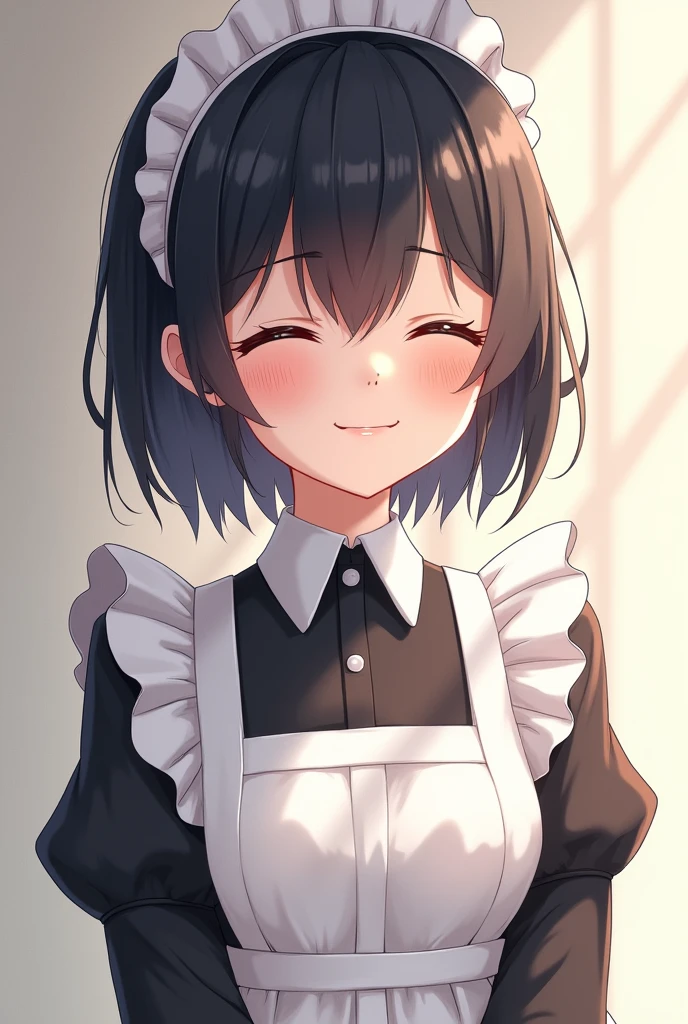 Black-haired maid with eyes closed。Smiling。The hair is a little short