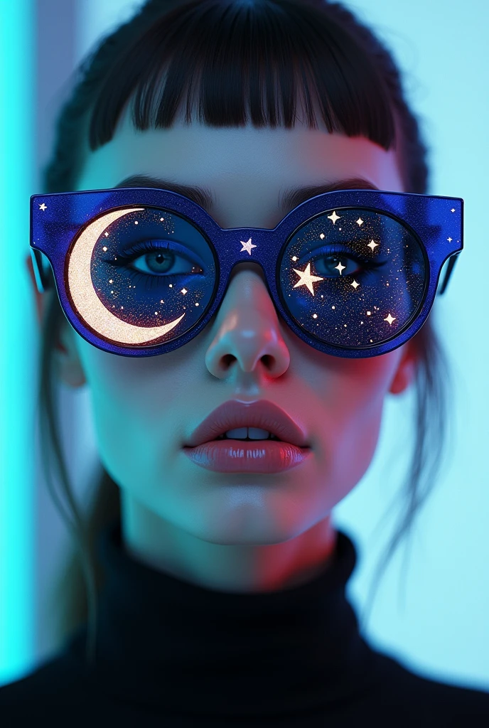 The model is wearing glass sunglasses with stars and the moon on the glass
