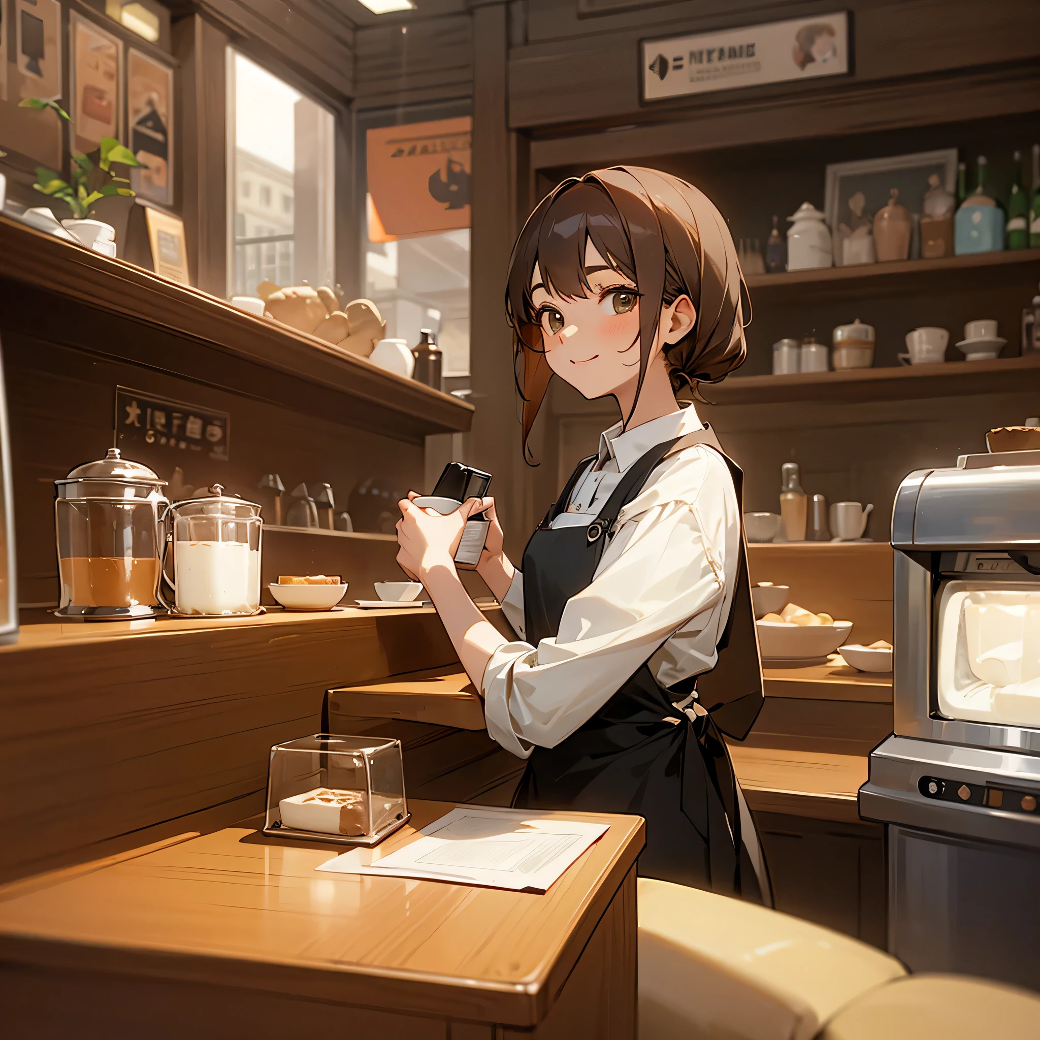 At the Counter: A woman sitting at the café counter, chatting with the barista while enjoying her coffee