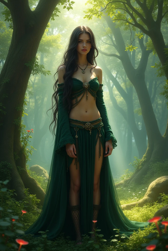 bare male chest, beautiful androgynous thin ((male)) elf in the forest, the rays of the sun, spring forest, long dark hair, green eyes, ((best quality)), ((masterpiece)), (detailed), realistic eyes, alluring male, ethereal beauty, (fantasy illustration:1.3), enchanting gaze, captivating pose, solo (boy), delicate, otherworldly charm, soft colors, (detailed forest landscape:1.3) (fantasy illustration:1.3)