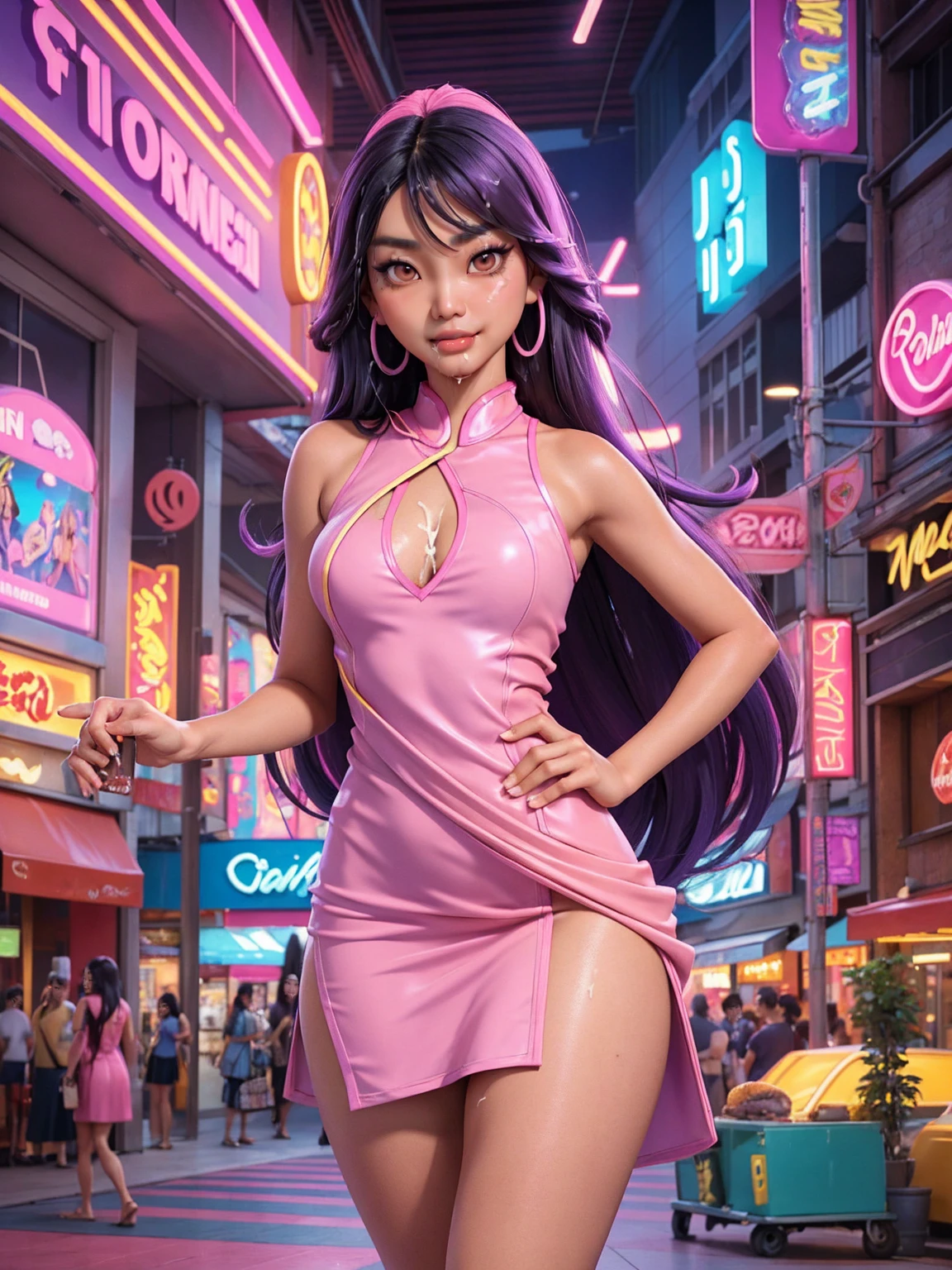 (Gorgeous sexy tanned Polynesian|Asian woman, extremely_long_hair, slanted Asian eyes, hourglass figure, perfect eyeliner:1.2), (masterpiece:1.4, best quality), medium breasts, unity 8k wallpaper, ultra detailed, (shopping in crowded plaza, purple pink yellow neon lights, cum on face and hair, wearing short cocktai_dress:1.5), alluring pose, upper body, narrow_waist, beautiful and aesthetic, detailed, solo