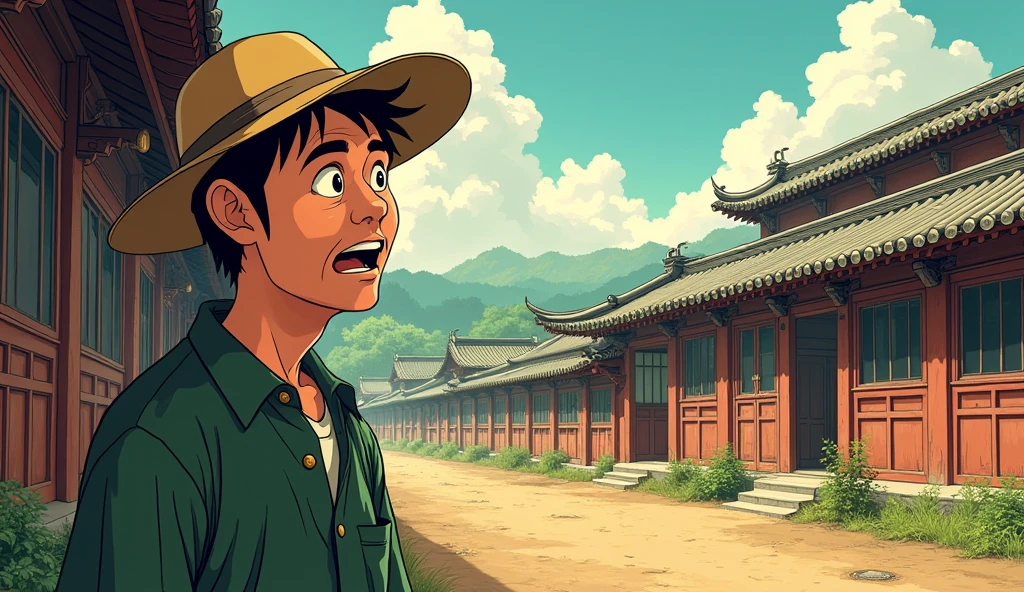 Create a dynamic and vivid comic book style illustration reminiscent of Hayao Miyazaki's distinctive style of an old Chinese farmer looking out over the stable (corral) Void. Expressions of surprise should be seen on your face, next to you are the neighbors who are also surprised.