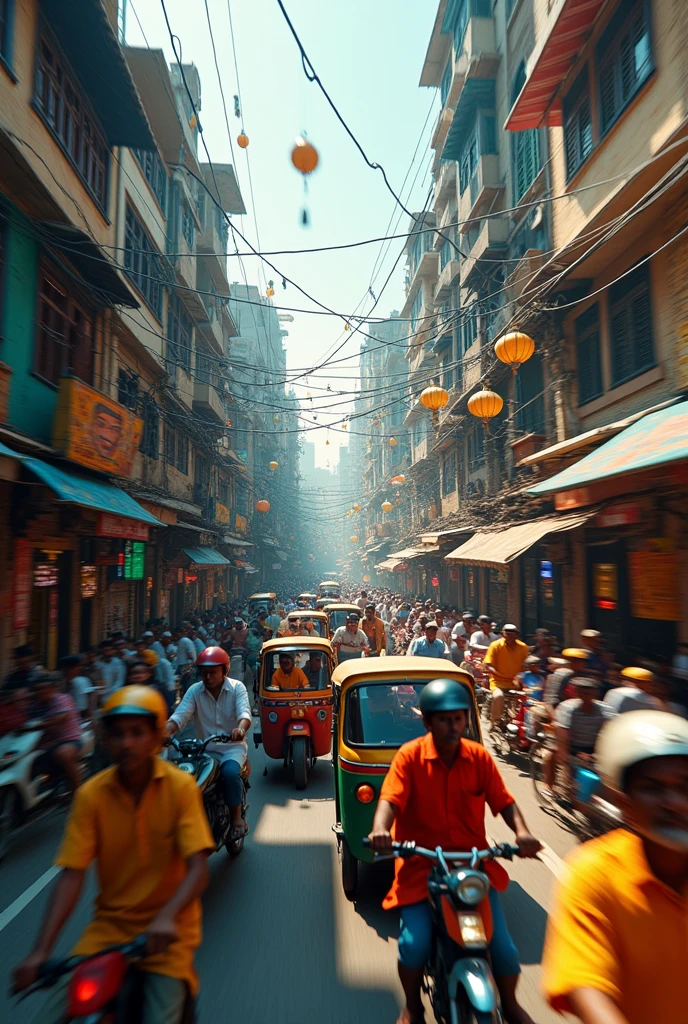 Generate an image of fast-paced shots of busy Bombay streets, showing people, markets, or vehicles in motion. The energy and vibrancy of the city should be the focus.