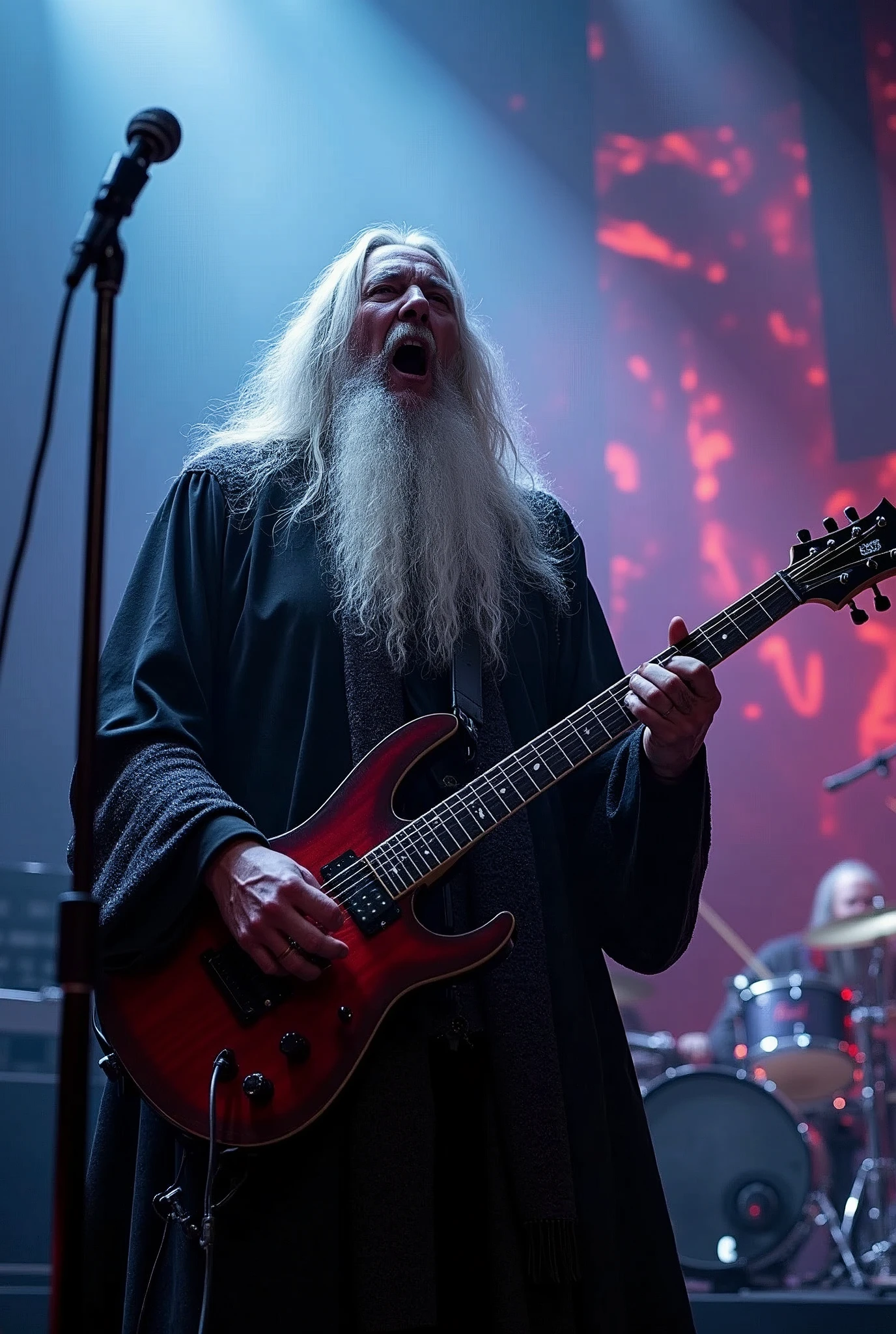 heavy metal wizard, electric guitar,gandalf, rock band, drums, microphone, stage, scream, energy