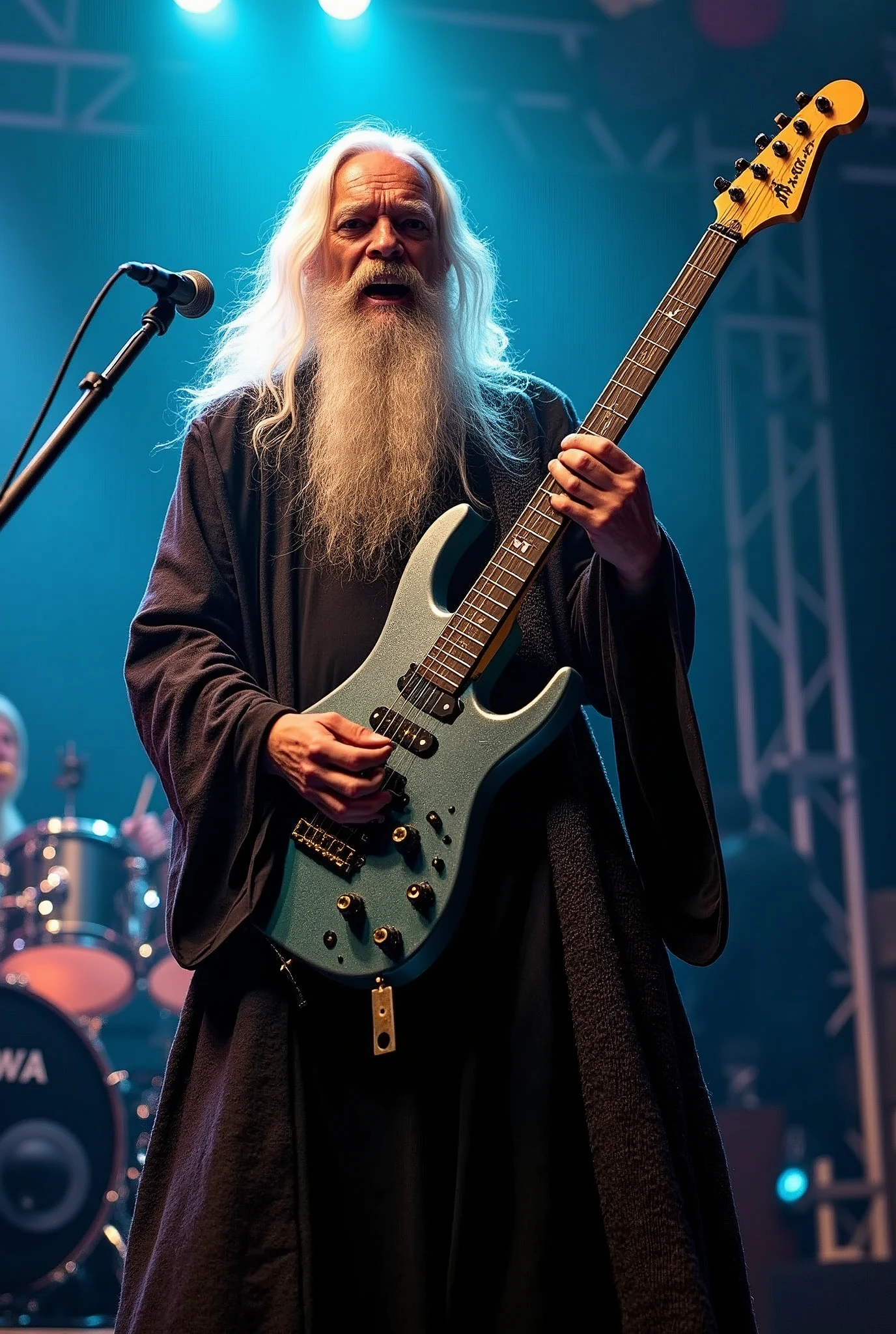 heavy metal wizard, electric guitar,gandalf, rock band, drums, microphone, stage, scream, energy