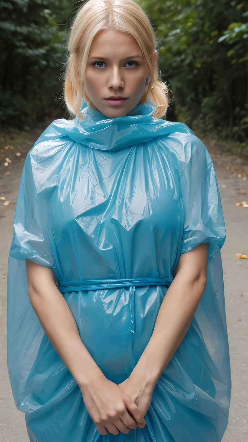 a stunningly beautiful blond woman completely wrapped up from head to toe in blue plastic garbage bags is tightly tied up with rope wrapped around her like a helpless living mummy, she is completely covered with plastic, forced against her will, bright day, extremely photorealistic photo, highly detailed photo, portrait