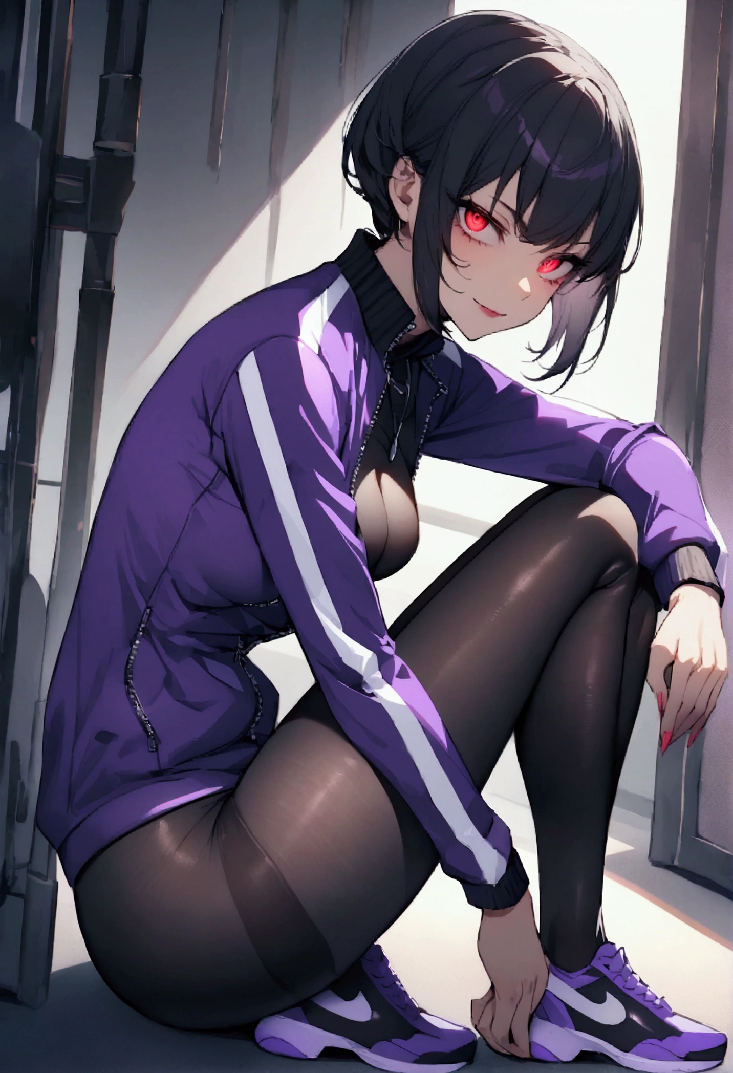 beautiful young fitness woman with , in a gym wearing May with black pantyhose, white and purple tight short gym jacket. standing alone,red eyes glowing,Evil smile,legging preto ,labiaa,dark eye shadow,shining eyes,hand on knees,a little lowered,neckleace,jacket zipper half open,Tight black shirt,white sports tennis shoes,short hair with purple details,beautiful curves,whole body,hair with purple details,labiaa,detailed face and eyes,work of art,sexy look