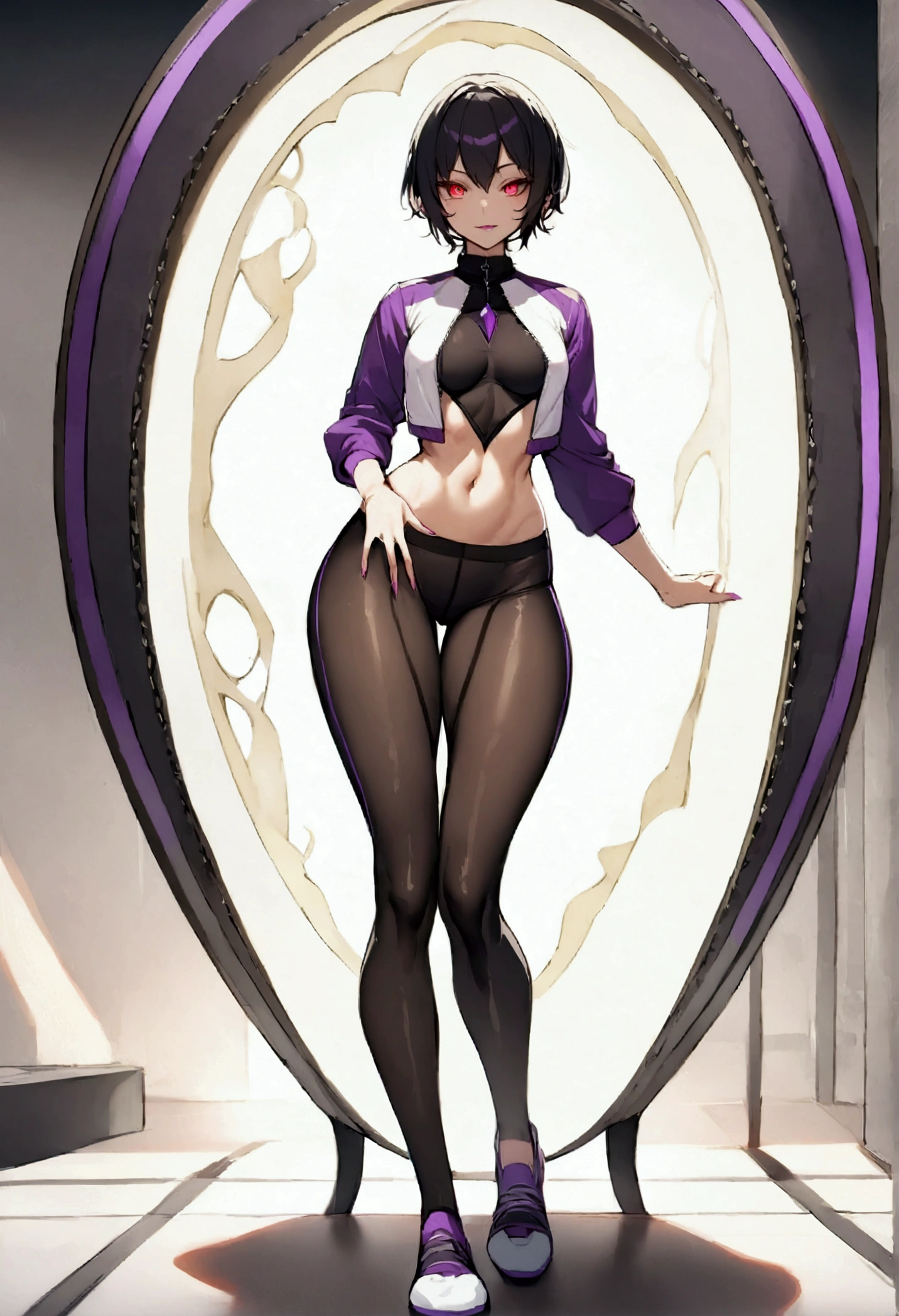 (solo:1.1),(masterpiece), (best quality:1.3),, (ultra detailed), (intricate),(full body view), professional art, digital art, absurdres, shadraven, (far away view:1.1), 1girl, solo, (grey skin:1.4), dark purple hair, bob hair, dark purple eyes, hips wider than shoulders, pear shaped body, jewellery, detailed thighs, (thick thighs:1.3), red jewel in forehead, jewels, (erotic-leotard:1.4), (Red jewel Belt), (red jewel brooch:1.3), cuffs, small breasts, nipple bulge, (Shadraven brooch:1.2), Shadraven jewel belt, Shadraven wearing a erotic-leotard with high heels, (long legs:1.3), (detailed bulgeJ8 crotch penis bulge:1.4),(large testicle bulge:1.3),(long crotch bulge), huge penis bulge, huge testicle bulge, ( frontal view),(bubble butt) , gluteal crease, universal lighting,(Detailed ass), black-lipstick, beestung lips, Black-eyeshadow, (proportionately sized head:1.1),(clevage window),
