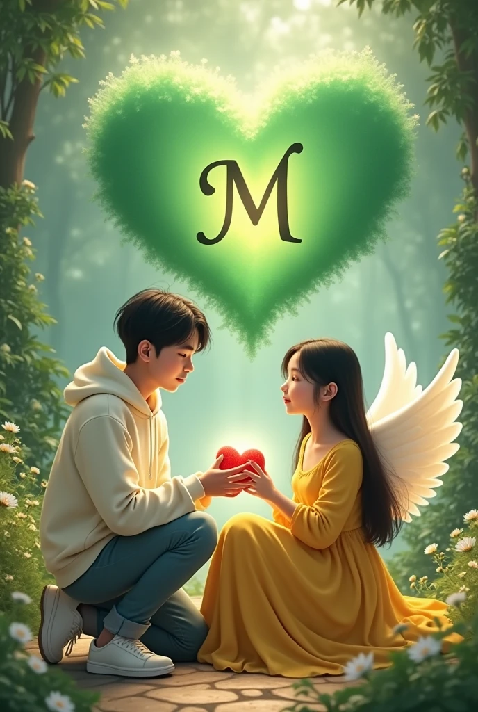 handsome 20 year old white skinned young man in white hoodie and white sneakers, was kneeling and offering a heart-shaped object to a beautiful girl. The girl wore a golden yellow dress and sat on white heart-shaped angel wings. He sat gracefully, looked at the boy with a calm expression. Above them, there is a green heart with a bold letter “M” in the middle, surrounded by gardens, both of them look so cute, stylish black hair adds a magical atmosphere 8K ultra quality