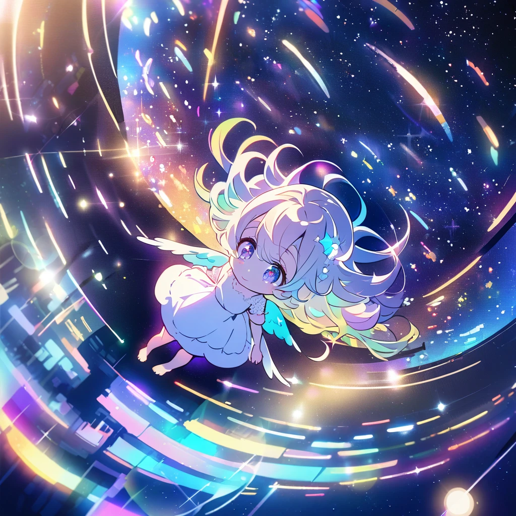 Masterpiece, top quality, 4k, ((2D illustration)), one beautiful girl, solo, ((vivid colors)), (((chibi style))), ((angel)), ((angel wings on her back)), ((long beautiful hair)), glossy light blue hair, gradient hair color, cute, beautiful detailed eyes, hair between eyes, ((hair ornament)), ((lacy short sleeve white dress)), barefoot, ((full body shot)), ((joyful smile)), ((looking down at the night view of the ground shining like a galaxy below her), ((floating in the sky)), cool colors, ((angle from above)), ((night)), (((lens flare))), white light, ((starry sky)), sparkle