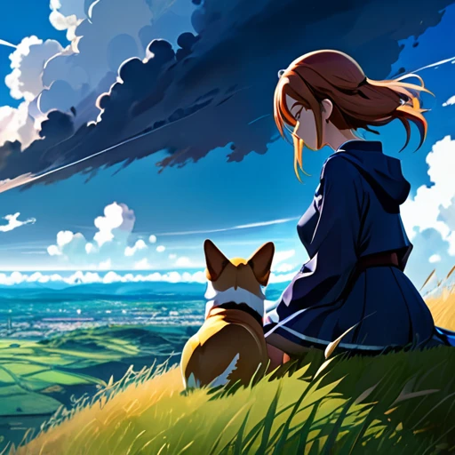 anime landscape of a girl＆cute corgidog sitting on a hill with grasses with dark blue clouds, blue cere madder sky  lightly big bell   with few clouds, anime nature wallpapers, beautiful anime scene, beautiful anime peace scene, Makoto Shinkai Cyril Rolando, beautiful scene of anime, amazing wallpaper, anime art wallpaper 8k, anime background, art anime background, anime 4k wallpaper, anime art 4k wallpaper, anime art 4k wallpaper,  prayer of requiem  prayer of requiem