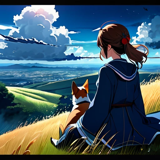 anime landscape of a girl&cute corgidog sitting on a hill with grasses with dark blue clouds, blue cere madder sky lightly big bell with few clouds, anime nature wallpapers, beautiful anime scene, beautiful anime peace scene, Makoto Shinkai Cyril Rolando, beautiful scene of anime, amazing wallpaper, anime art wallpaper 8k, anime background, art anime background, anime 4k wallpaper, anime art 4k wallpaper, anime art 4k wallpaper, prayer of requiem prayer of requiem