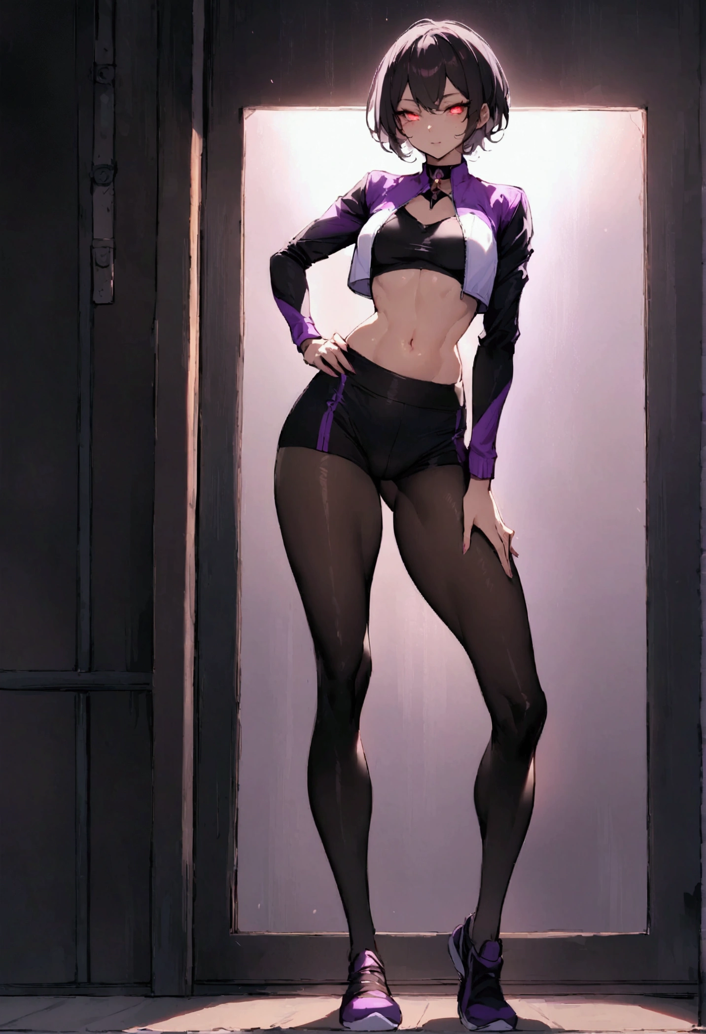 beautiful young fitness woman with , in a gym wearing May with black pantyhose, white and purple tight short gym jacket. standing alone,red eyes glowing,Evil smile,legging preto ,labiaa,dark eye shadow,shining eyes,hand on knees,a little lowered,neckleace,jacket zipper half open,Tight black shirt,white sports tennis shoes,short hair with purple details,beautiful curves,whole body,hair with purple details,labiaa,detailed face and eyes,work of art,sexy look