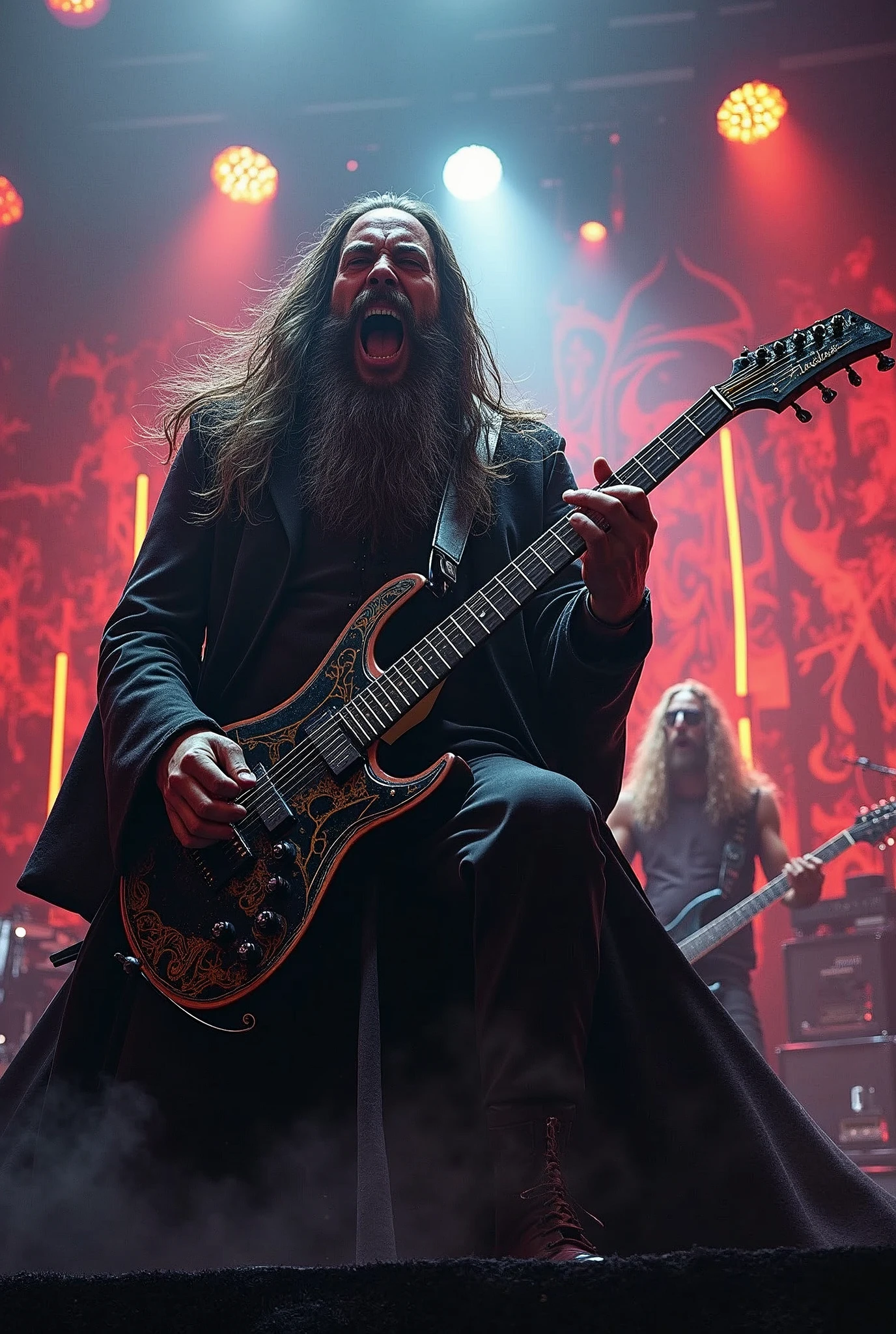 heavy metal wizard, electric guitar,gandalf,rock band, drums, microphone, stage, scream, energy