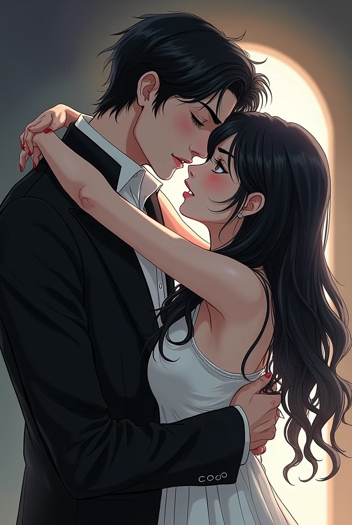 Anime style Sketch of a handsome male vampire hugging a pretty girl with long hair