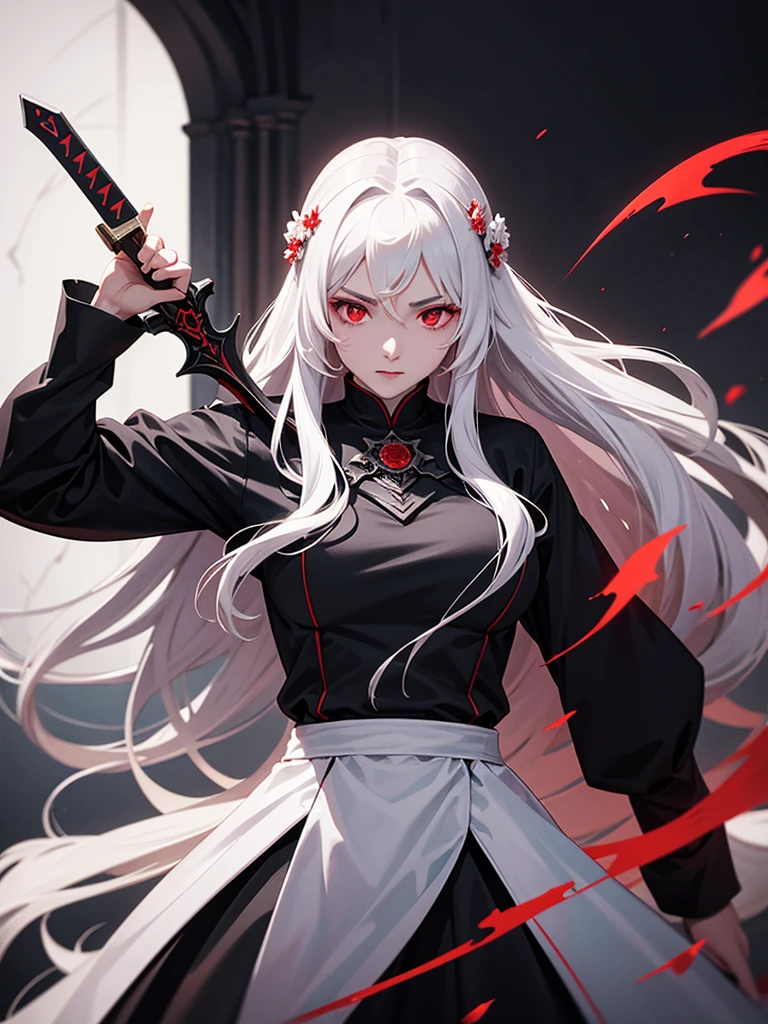 woman, red eyes, white long wavy hair, noble, wearing a black unifrom, fighting with a sword like a female knight, wearing flowers on her head, sadistic vampire