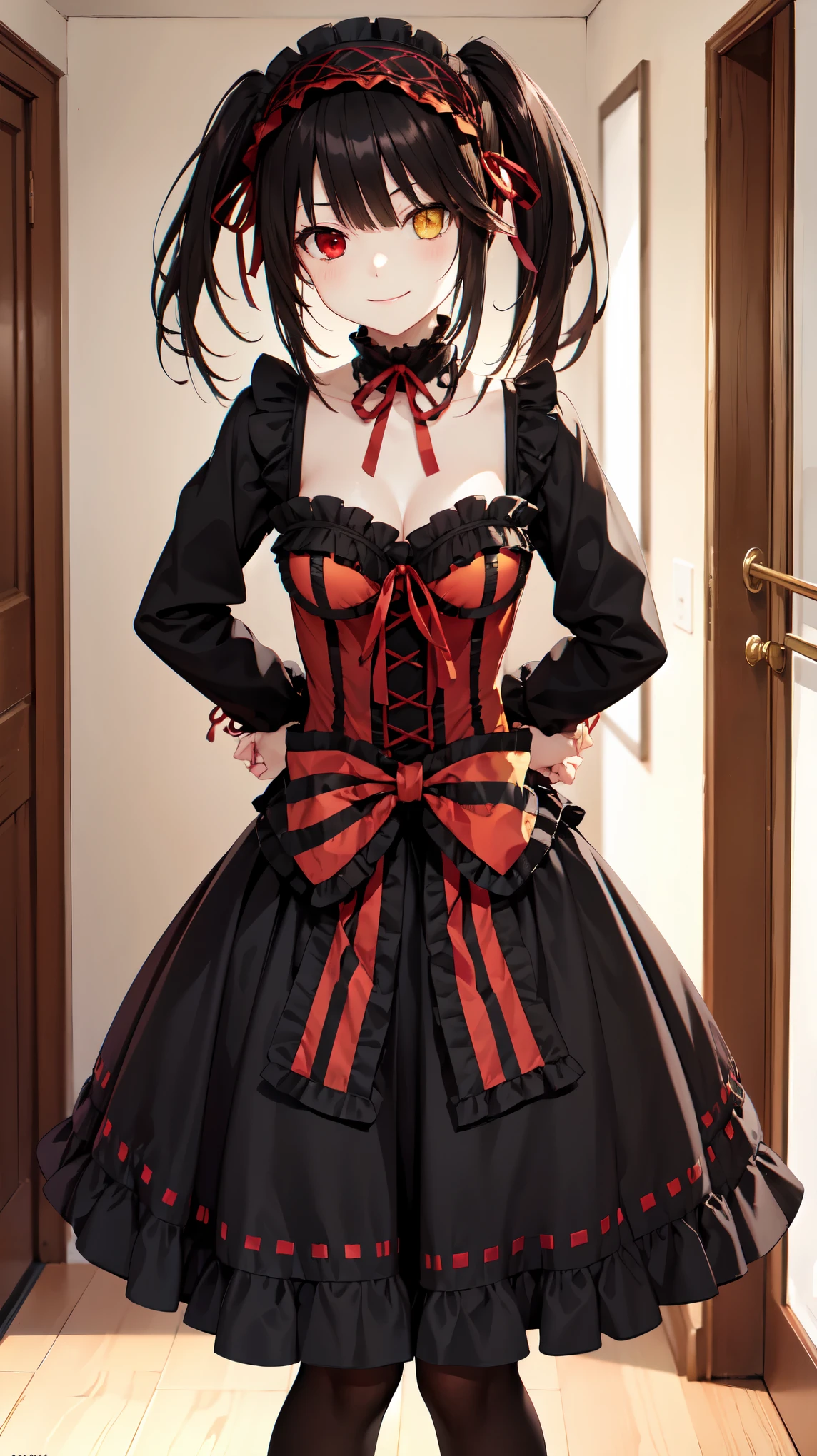 masterpiece, The best quality、street、Put your arms behind your back、Black Hair, Long twin tails bunches, (Yellow eyes:1.2), Heterochromia iridum, (Red Eyes:1.2),Tokisaki Kurumi、Smile,Gothic Lolita Clothing Accessories、victorian maid tiara、Black Ribbon、Shut up、Gothic Lolita Clothing Accessories,she's room,