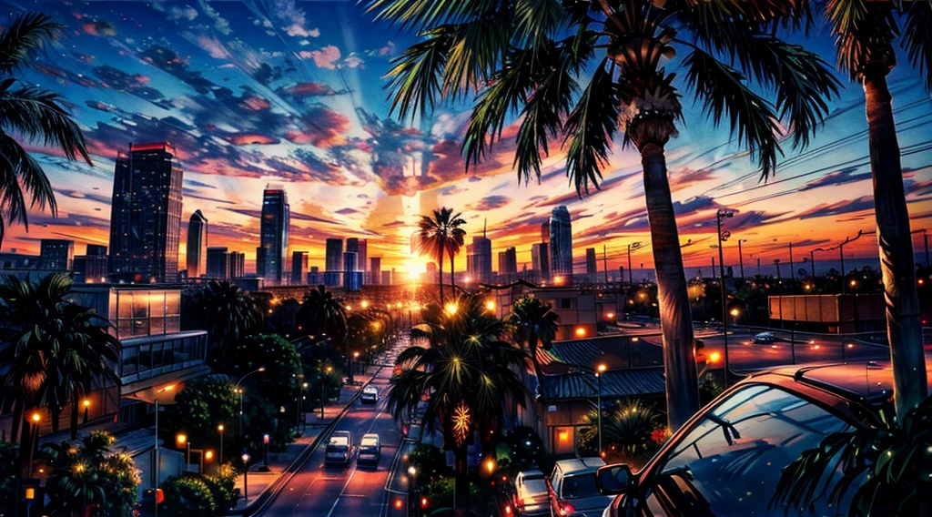 Beautiful sunset in Los Angeles，Palm tree，Traffic，