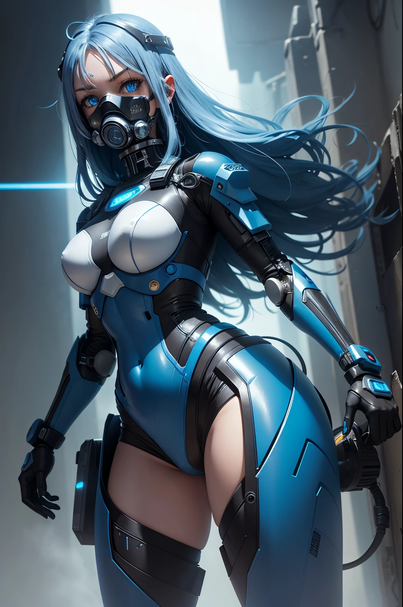 View from below angle from below girl mecha half cyborg, with long blue hair, with blue eyes, with a gas mask on his face, cybernetic suit blue, costume parts with blue lights and LEDs, a multitude of glowing blue lights, hands prosthetics, gorgeous figure, She is wearing short sports shorts that highlight her large wide hips., small breasts but they are covered by a mechanical suit, flat horizon photo, the background of the image contains a lot of blue lights and glare, and also blue fog and smoke